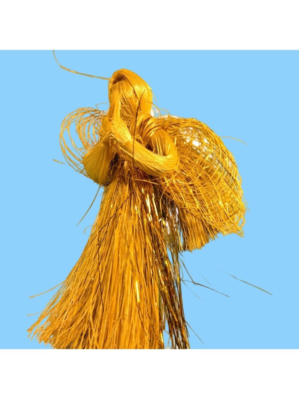 Praying Angel Ornament Natural Corn Silk Straw Gold Filament Vintage Christmas